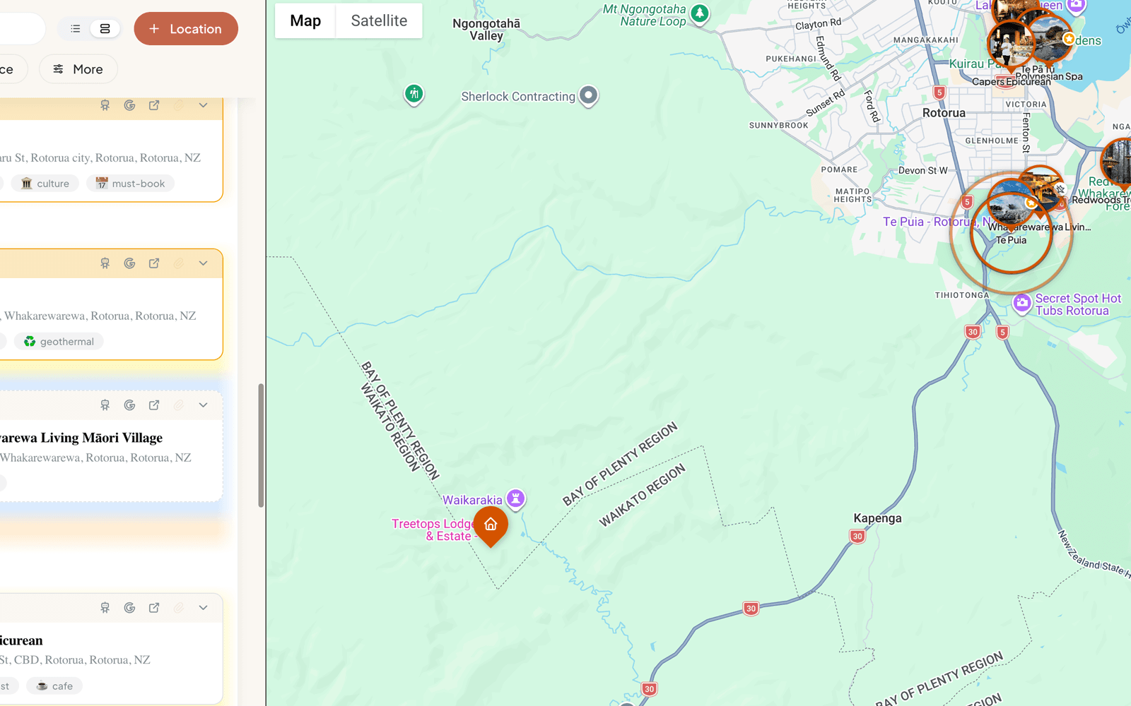 PlanGoGo interactive map with color-coded pins and a route line between locations