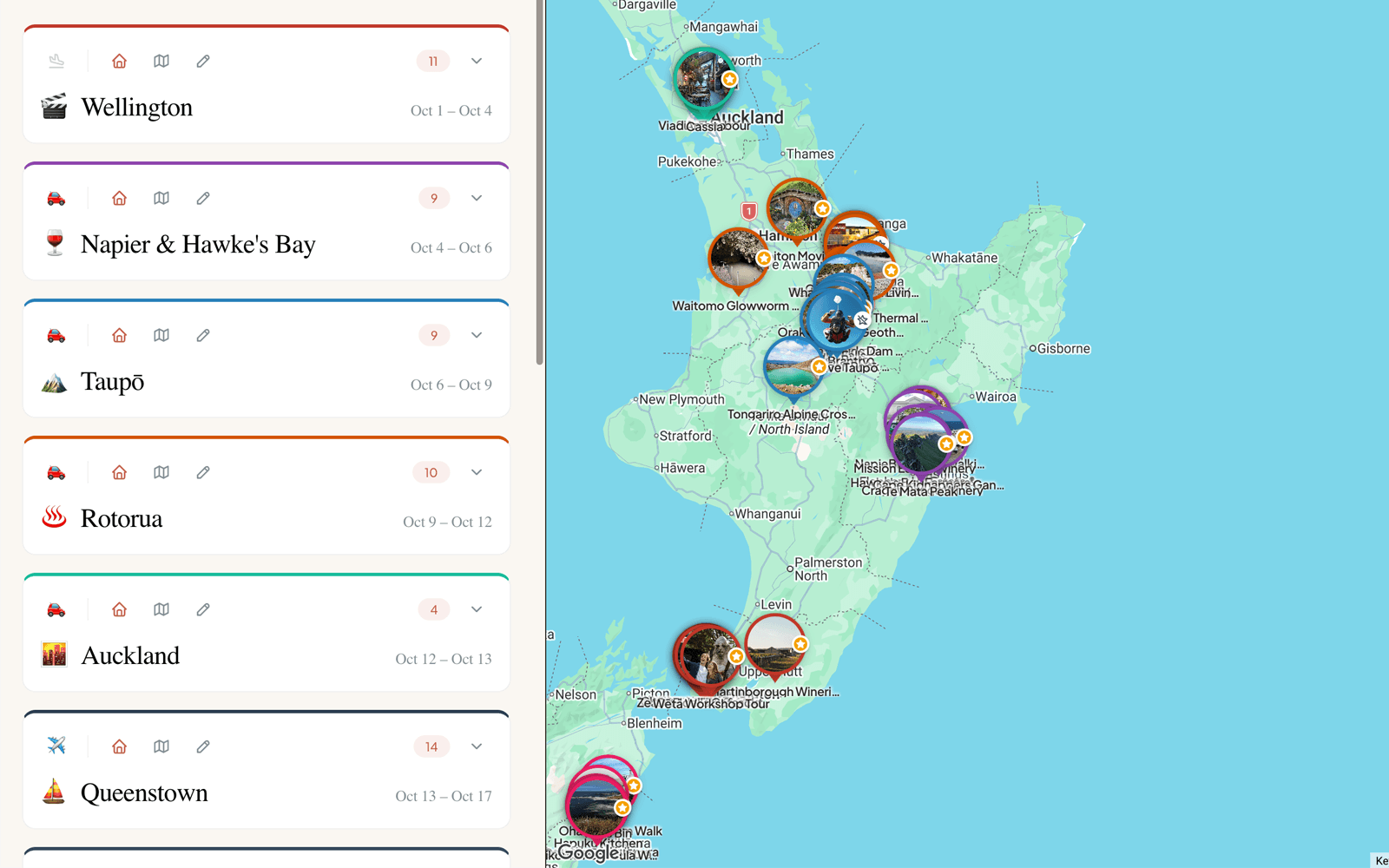 PlanGoGo legs panel showing a multi-destination trip with color-coded legs