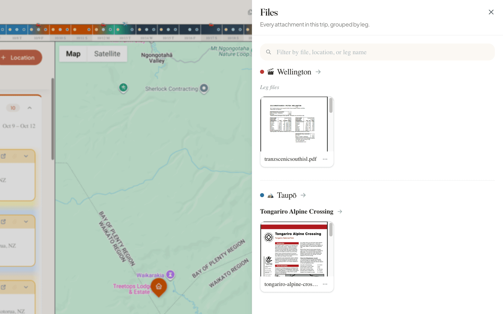 PlanGoGo files drawer with thumbnails for PDFs and images attached across multiple legs